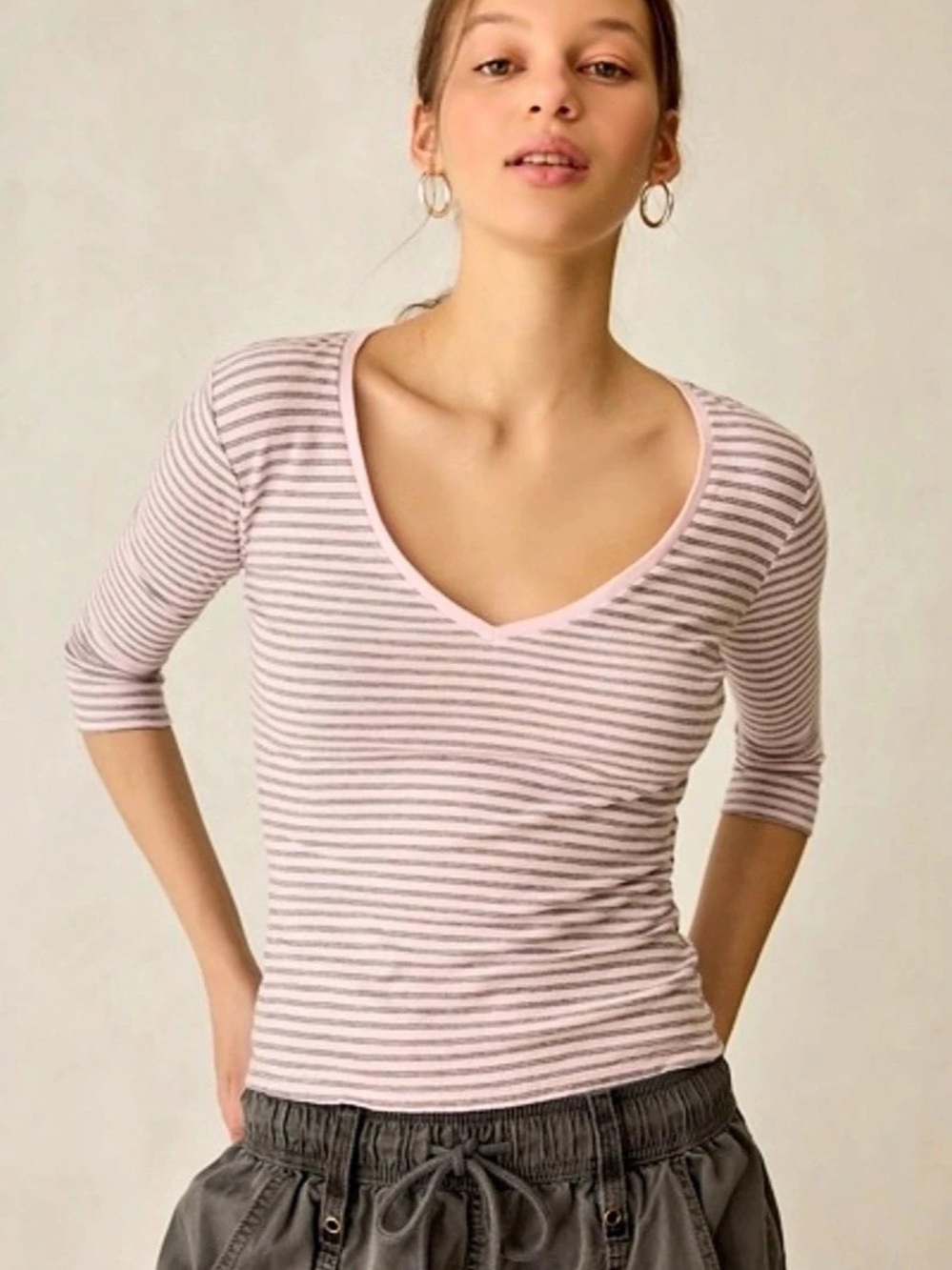 BDG Striped V-Neck Top in Pink & White